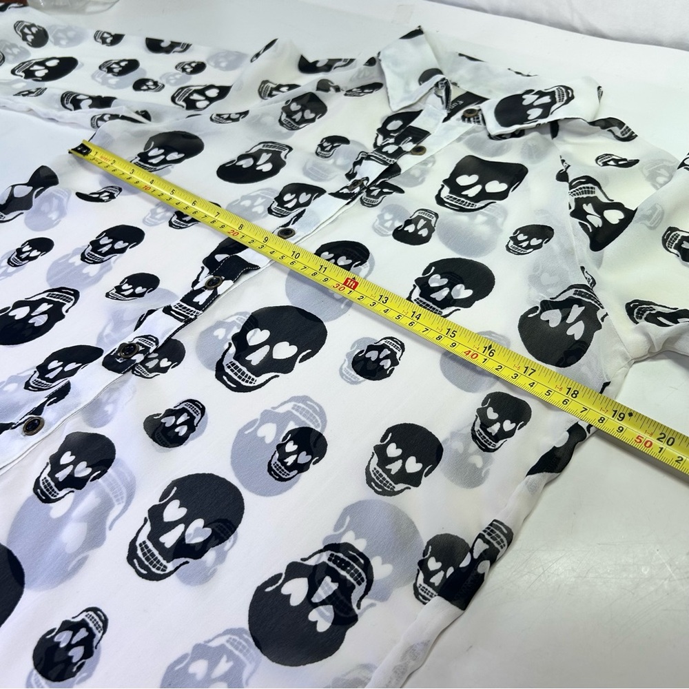 Fun & Flirt Sheer White Blouse, Black Skull Print Long Sleeve Button Down Size S - Picture 4 of 6